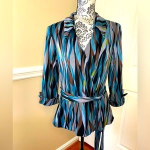 R&M Richards, wraparound jacket, wavy, blues, turquoise, and purple’s, size 14
